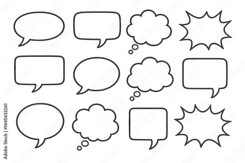 Fototapeta premium Variety of speech bubbles, thought clouds, and comic exclamation shapes. Vector graphic set for dialogue, communication, and messages. Blank cartoon pop art design elements.