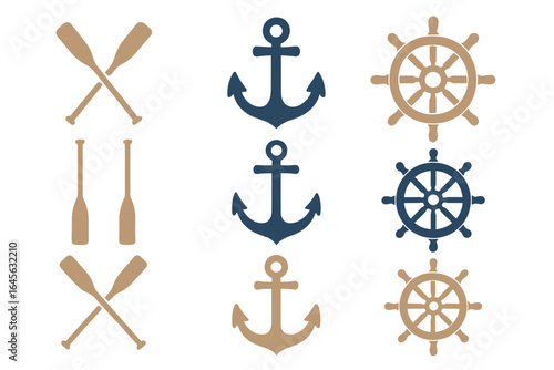 Nautical icon set. Marine collection with anchor, ship wheel, and oars. Sea travel symbols for logo design. Vector illustration of vintage boat helm and paddle elements.