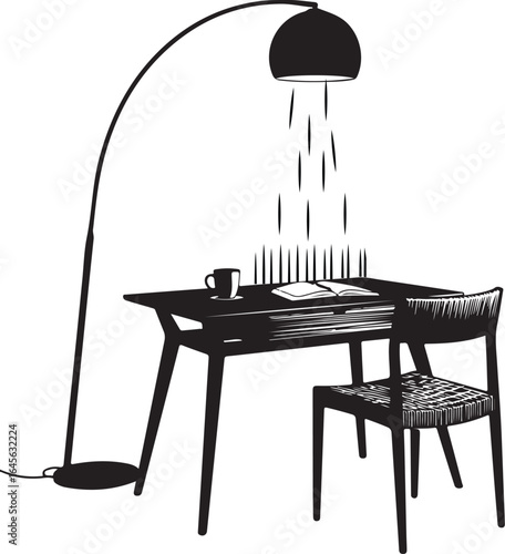 Elegant home interior with modern furniture, a table, chair, and lamp isolated on white background