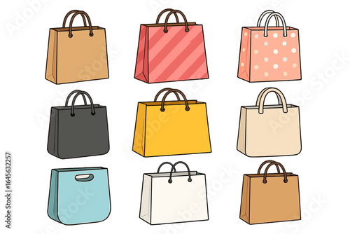 Set of colorful shopping bags. Collection of paper carrier bags for retail, sale, and gifts. Vector illustration of various merchandise packages. Cartoon style icons.