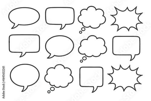 Variety of speech bubbles, thought clouds, and comic exclamation shapes. Vector graphic set for dialogue, communication, and messages. Blank cartoon pop art design elements.