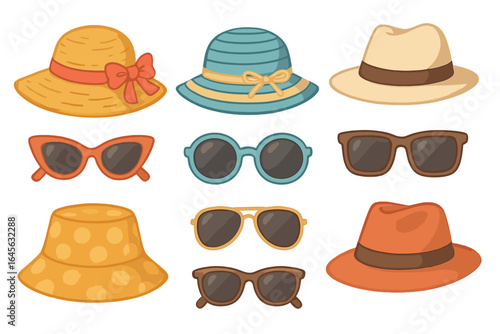 Summer hats and sunglasses vector icon set. Beach fashion accessories collection. Sun protection headwear, straw hat, panama, fedora, bucket hat, glasses. Vacation travel design.