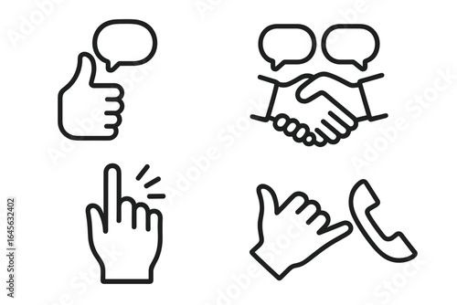 Hand gesture icon set for communication and business. Vector line art symbols. Thumbs up for like, feedback. Handshake for agreement, deal. Pointer for click. Call me.