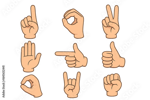 Set of cartoon hand gestures. Vector illustration collection of hands showing different signs like thumb up, ok, peace, rock, fist, stop, pointing finger. Communication.