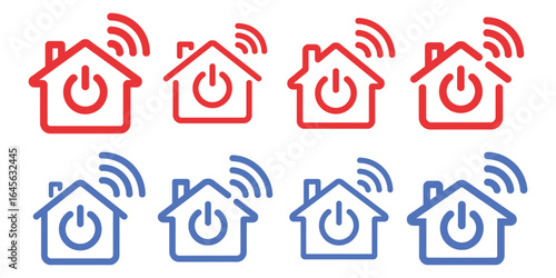 Red and Blue Smart Home Icons with Power Button and Wi- Fi Signals home automation technology