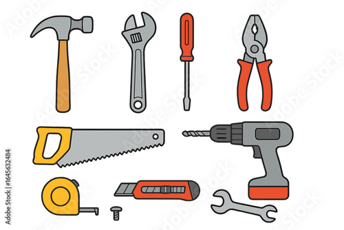 Hand tools icon set for construction and repair. DIY home improvement kit with hammer, saw, drill, wrench. Carpentry equipment vector illustration in a flat, minimal style.