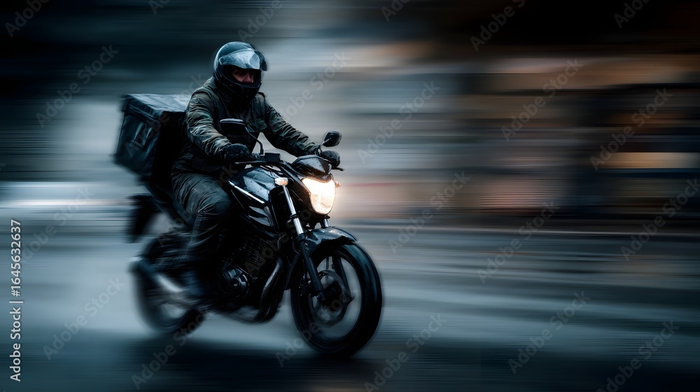 Fototapeta premium Courier riding motorbike through busy city traffic