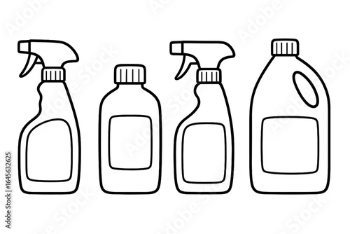 Set of cleaning product containers. Spray bottles and plastic jugs for detergent, disinfectant. Vector line art illustration with blank labels for mockup. Household supplies.