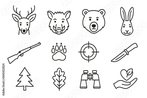 Hunting and wildlife icon set with forest animals. Thin line art symbols of deer, wild boar, bear, rabbit. Vector collection of hunting tools, rifle, target, and nature conservation.