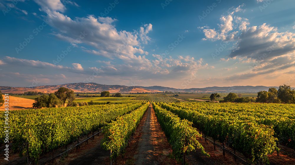 Fototapeta premium Endless rows of vineyards stretching towards the horizon under a brightly lit sky
