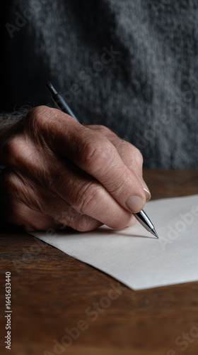 Elderly hand writing letter on paper with pen, thoughtful expression
