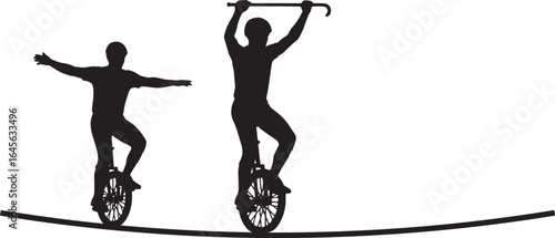 Silhouette of two men riding unicycles on a tightrope isolated on white background, circus performance