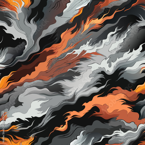 Abstract fiery and smoky waves in grayscale and orange