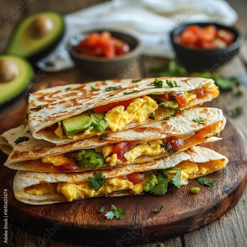 Delicious breakfast quesadilla with scrambled eggs avocado tomato salsa and fresh herbs served on a wooden board with a rustic background