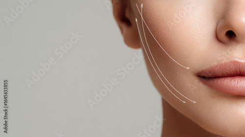 Close-up stylized thread lifting sagging cheek skin, minimal line-art with soft gradient