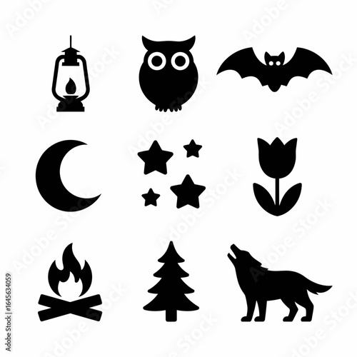 Collection of nature and nocturnal animal silhouettes isolated on white background