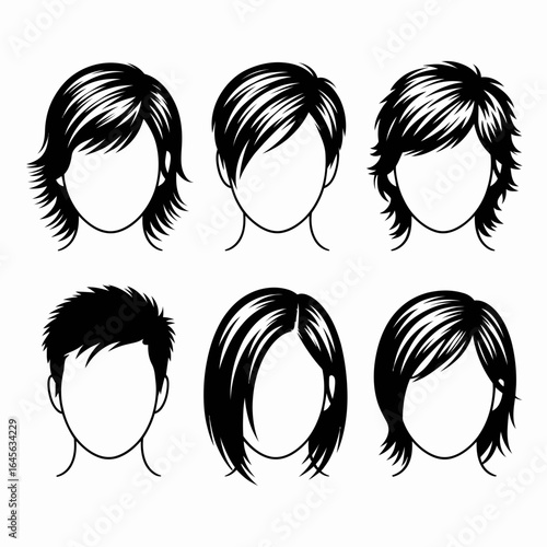 Collection of six diverse hairstyles silhouette isolated on white background
