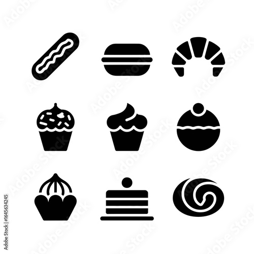 Collection of sweet pastry silhouettes isolated on white background