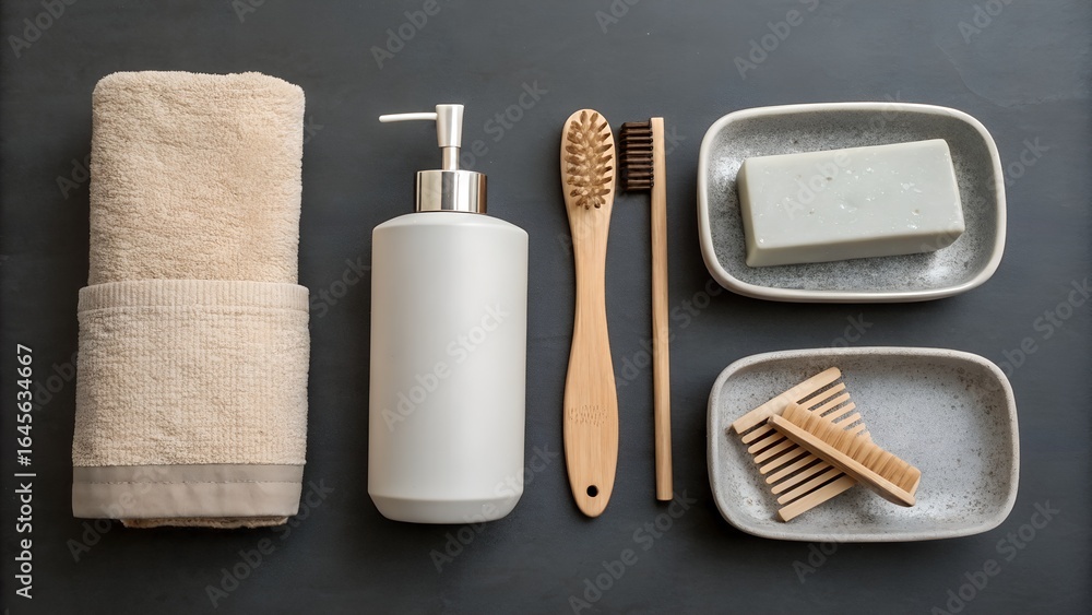 Naklejka premium flatlay of neutral colored bathroom accessories on table