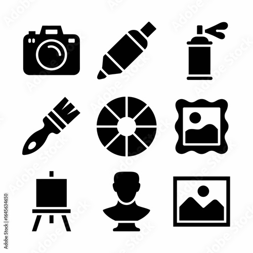 Artistic tools and creations collection silhouette isolated on white background