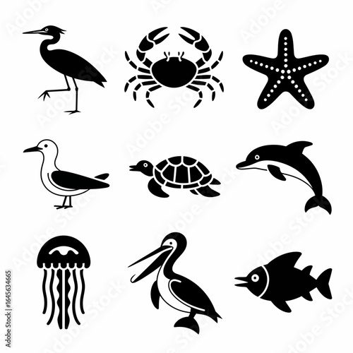 Collection of nine marine and coastal animal silhouettes isolated on white background