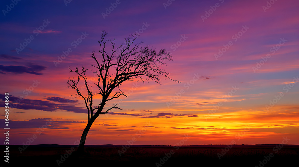 Obraz premium A lonely tree silhouetted against a colourful sunset, standing tall towards the horizon (1)