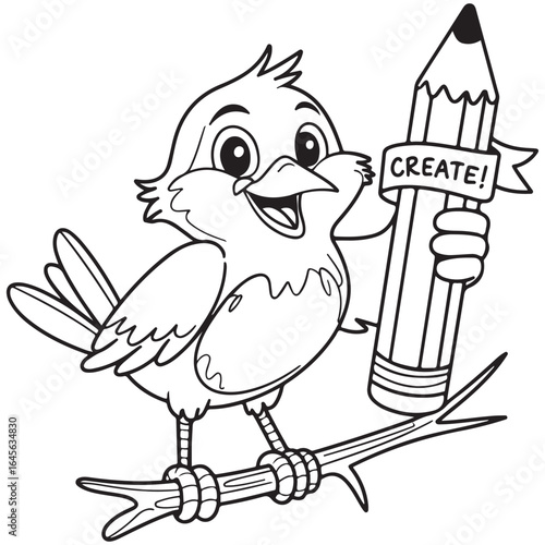 Bold and Easy Cute Bird Coloring Pages 
with Black and white vector illustration
