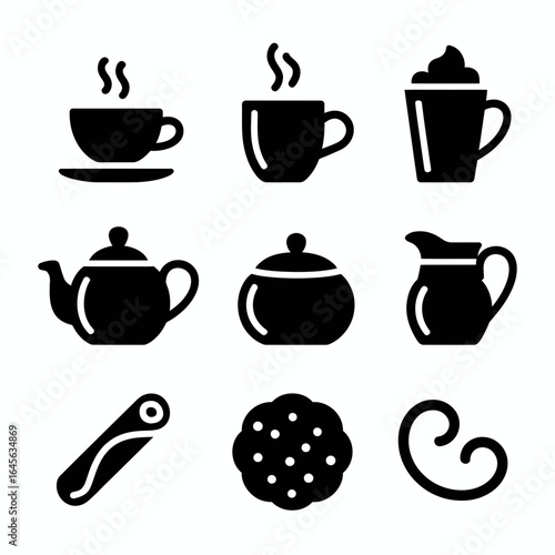 Collection of hot beverage and pastry icons in silhouette isolated on white background