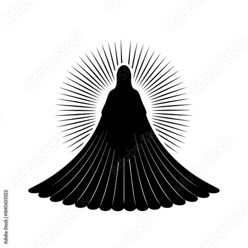Silhouette of holy figure with radiant halo and long cloak
