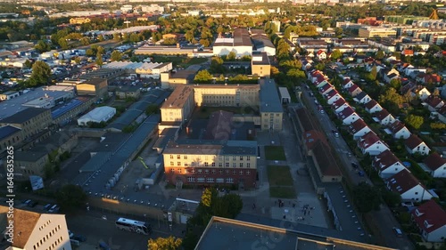 Aerial view of Berlin-Hohenschönhausen Memorial (Gedenkstätte Berlin-Hohenschönhausen) in Berlin, Germany – former Stasi prison complex and historical site captured from above. 10 September 2024