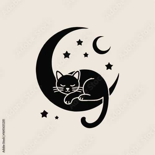 Black cat sleeping on a crescent moon with stars vector