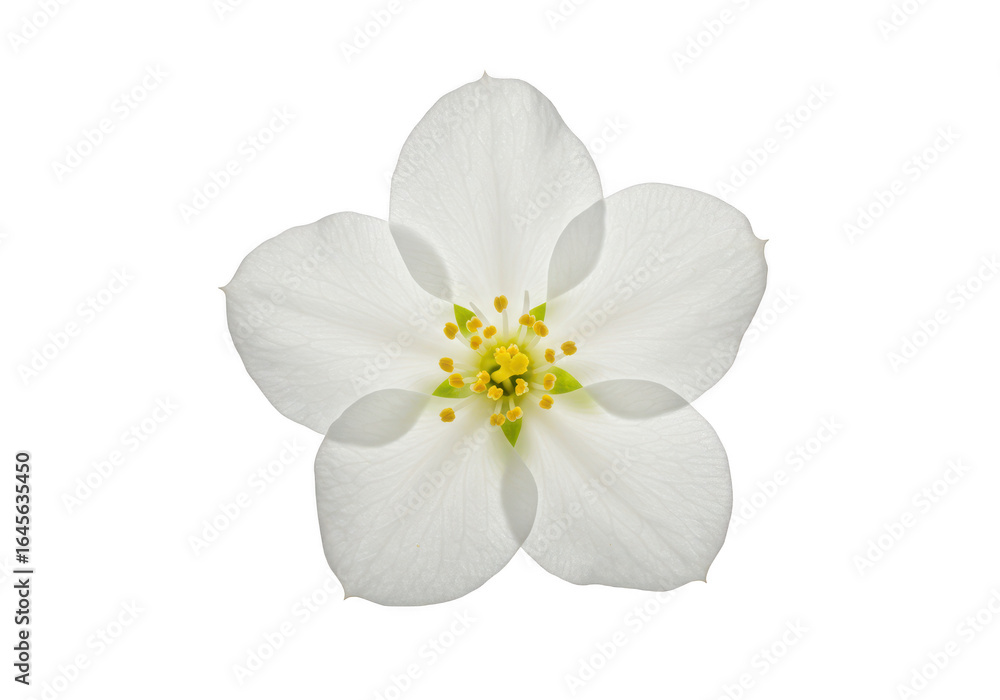 Obraz premium Single white flower blossom with yellow center isolated on transparent background