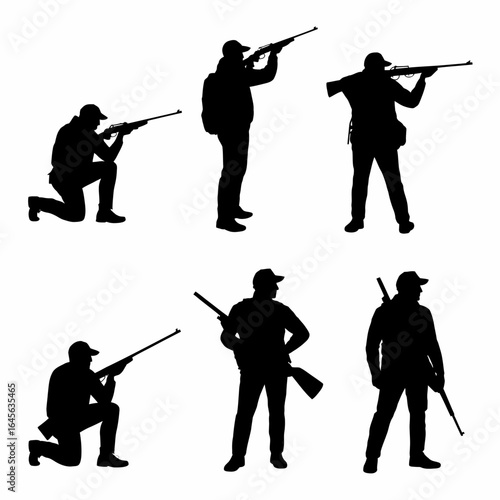 Six hunter silhouettes with rifles in various poses isolated on white background silhouette
