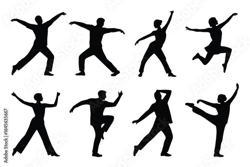 Black silhouette dancers in dynamic poses people figures