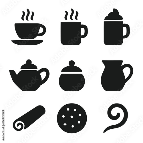 Collection of hot beverage and baking icons silhouette isolated on white background