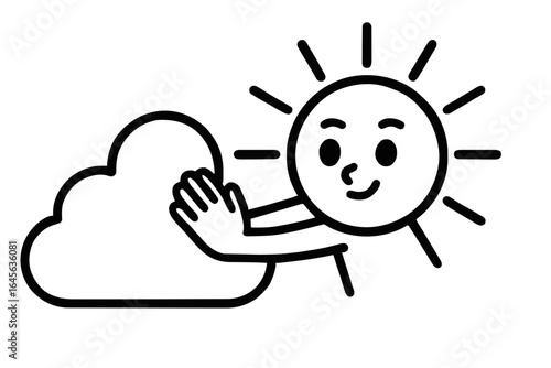 Sun character cheerfully pushing away a cloud, cartoon illustration with a smiling face