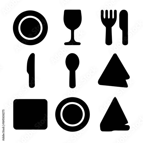 Collection of dining utensils and tableware silhouettes isolated on white background