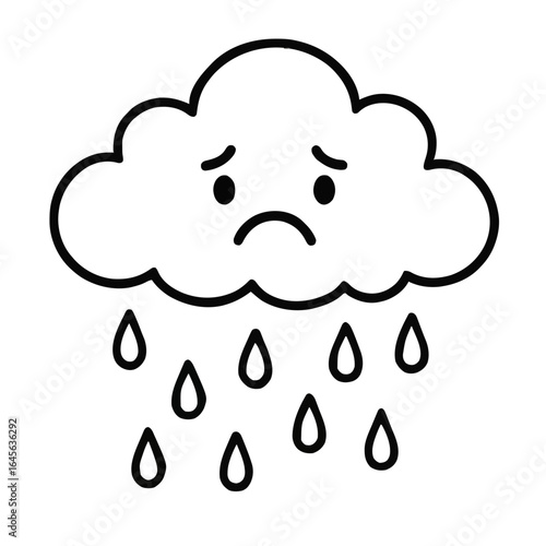Sad cloud character with rain drops, cartoon style illustration expressing sadness