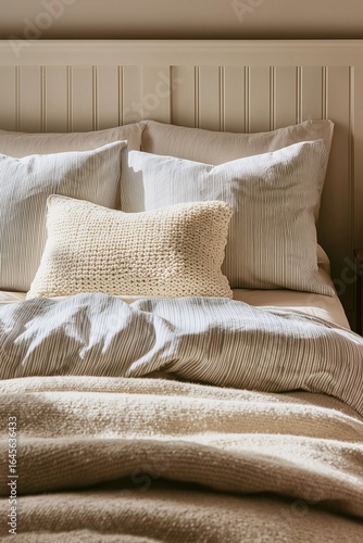 Neatly made bed with striped pillows, knitted cushion, and beige textured blanket
