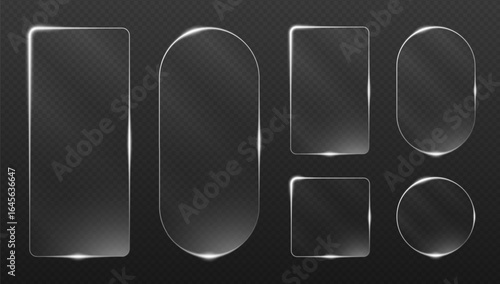 Glossy glass frames with neon edges in vibrant colors. Square circular and hexagonal borders for banners title plates interface screens and futuristic game HUD elements with glowing highlights.