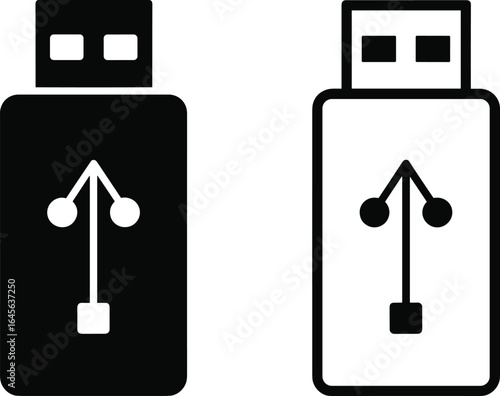Black and white icons of U S B flash drives with U S B symbol USB flash drive USB stick