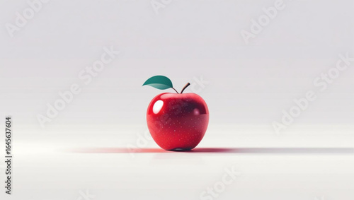 Shiny red apple with a single leaf on a clean white background