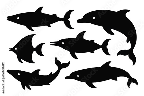 Black silhouettes of dolphins and fish on white sea life