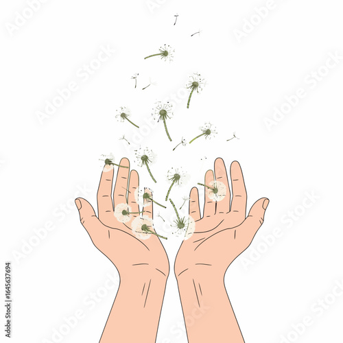 Illustration of hands releasing dandelion seeds in the wind