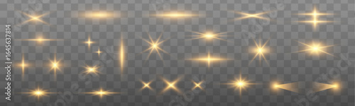 Sun flash with rays or gold spotlight and bokeh. Gold lens flares set. Yellow glow flare light effect. Vector illustration isolated on transparent background.	