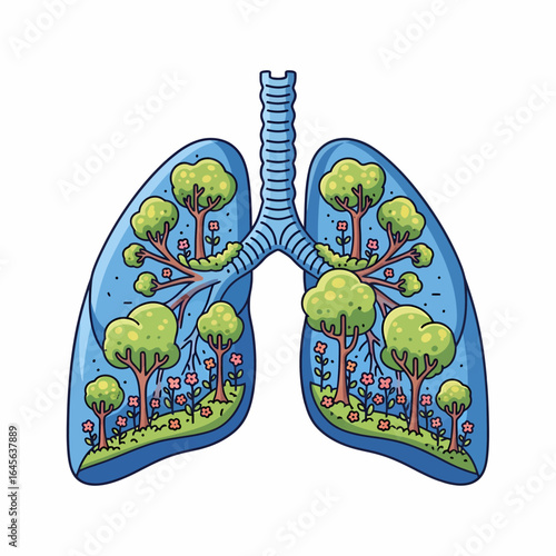 Flat vector lungs filled with trees and flowers for health