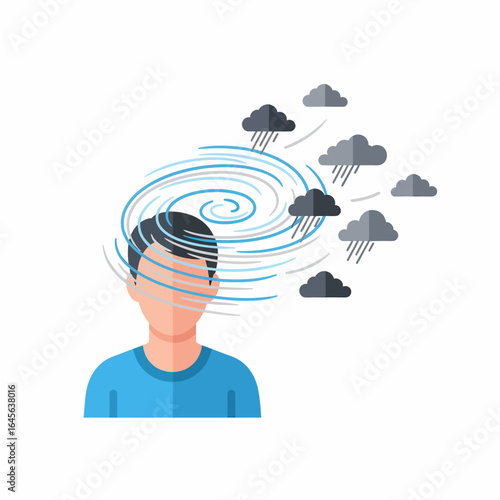 Flat vector man experiencing mental storm with swirling clouds