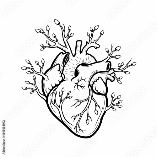 Line art anatomical heart with growing branches and buds