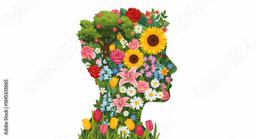 Creative floral head silhouette with blooming flowers and green tree