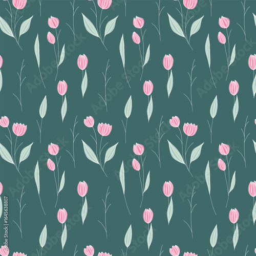 Seamless pattern with pink tulips on green background. Cute ornament for wallpaper, fabric, card.